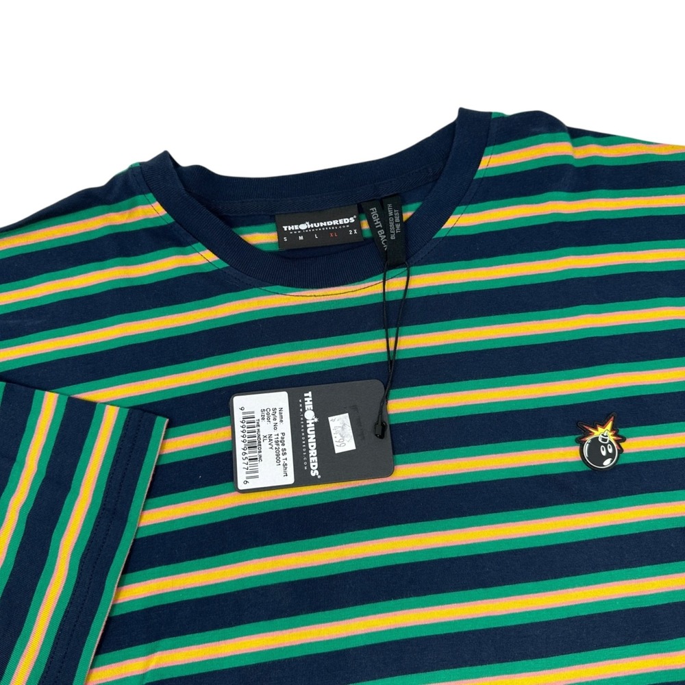 THE HUNDREDS NWT Deadstock‎ Navy Green Yellow Pink Striped Page SS T-Shirt XL